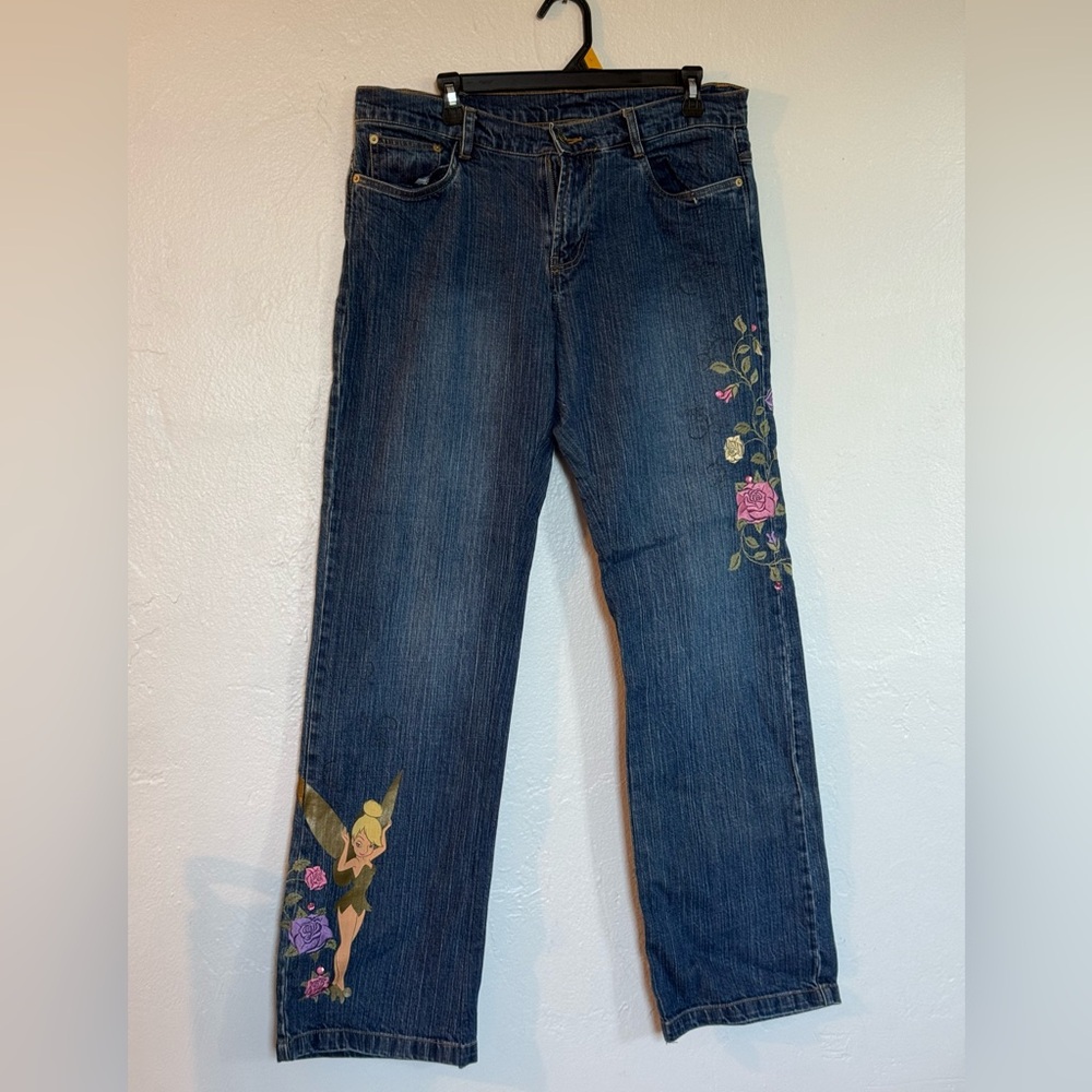Disney Women's Straight Leg Jeans with Floral and Tinkerbell Embroidery